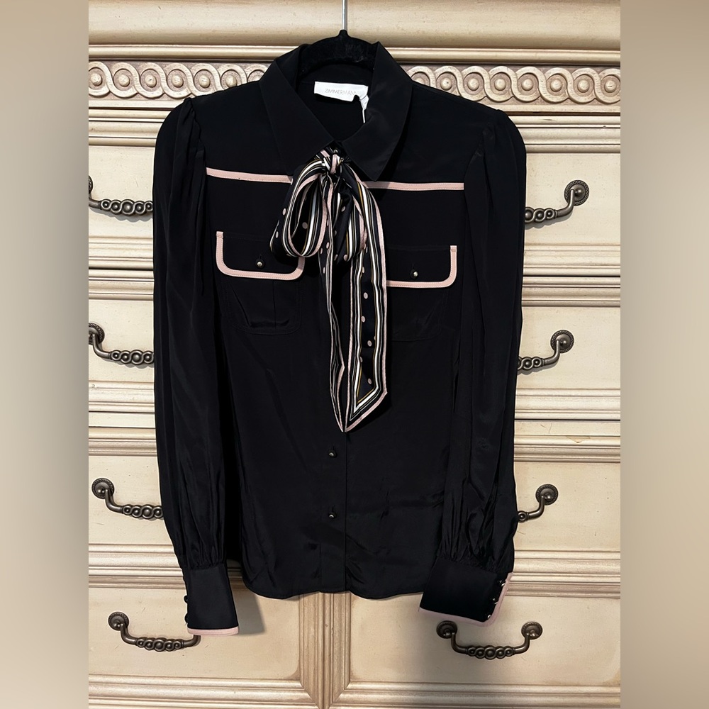 ZIMMERMANN Black and Tan Bow Printed Crepe De Chine Blouse NWT - Picture 4 of 15